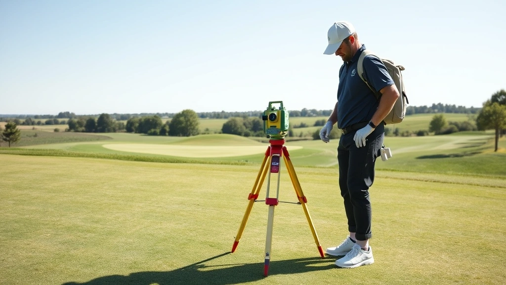 Professional golf course groundskeeper using surveying equipment and measuring tools on a manicured fairway with clear sky and green landscape