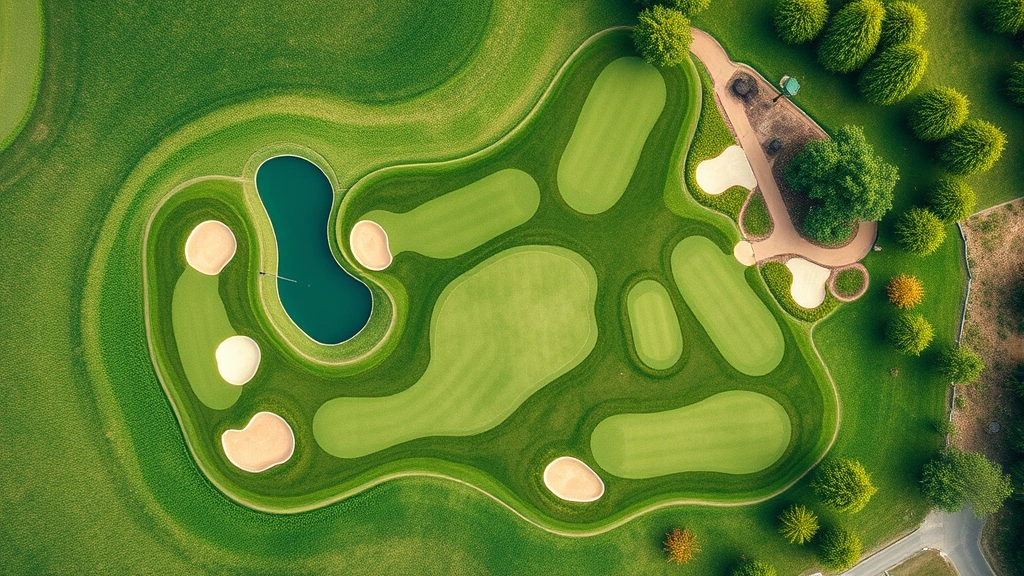 Aerial view of a beginner golf course layout showing short holes, wide fairways, minimal water hazards, and strategically placed bunkers for teaching, manicured greens with clear sightlines