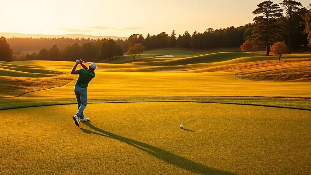 Golfer mid-swing on manicured fairway with elevation changes and distant trees, golden hour lighting, professional golf atmosphere