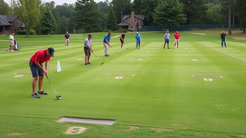 Golf course practice range with multiple golfers hitting balls, organized distance markers, well-maintained grass, training facility focus