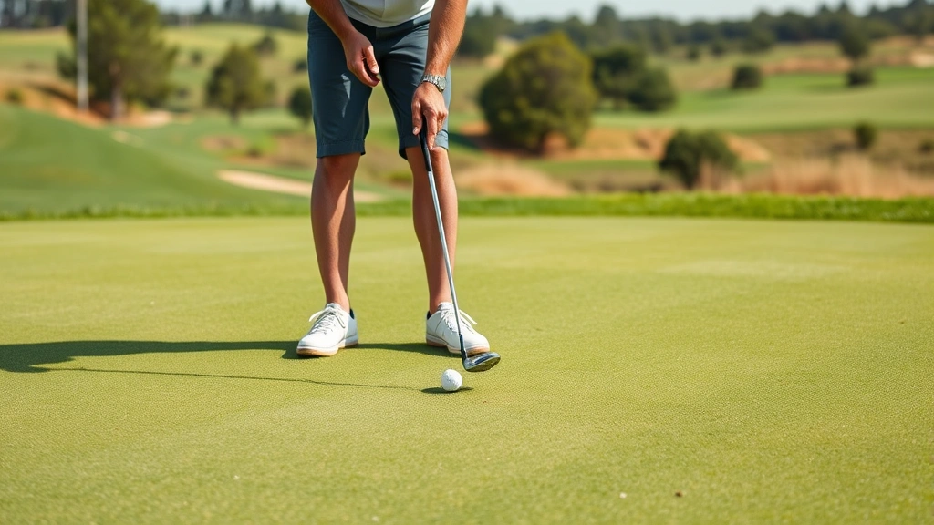 Golfer preparing putt on pristine putting green with course landscape in background, concentration and skill demonstration
