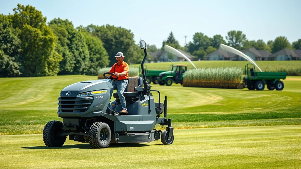Professional golf course superintendent operating modern maintenance equipment on fairway, with irrigation systems visible, green landscaping equipment parked in background, bright daylight