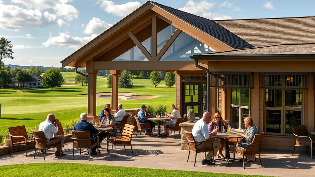 Upscale golf course clubhouse exterior with outdoor dining patio, golfers enjoying beverages, scenic course views in background, welcoming entrance, professional hospitality setting