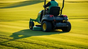 Professional groundskeeper operating a riding mower on a pristine fairway with morning dew visible on grass, sunny day, showing meticulous turf maintenance work