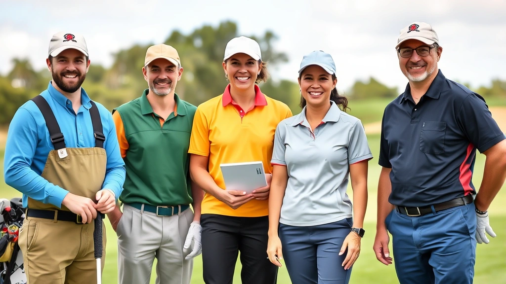 Diverse golf course staff team gathered outdoors smiling, including maintenance worker with equipment, food service staff, and pro shop attendant, representing various golf industry careers