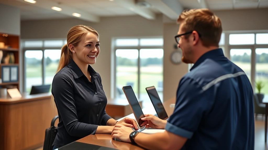 Young professional at golf course reception desk assisting a member, showing friendly customer service interaction with golf course office background and professional atmosphere