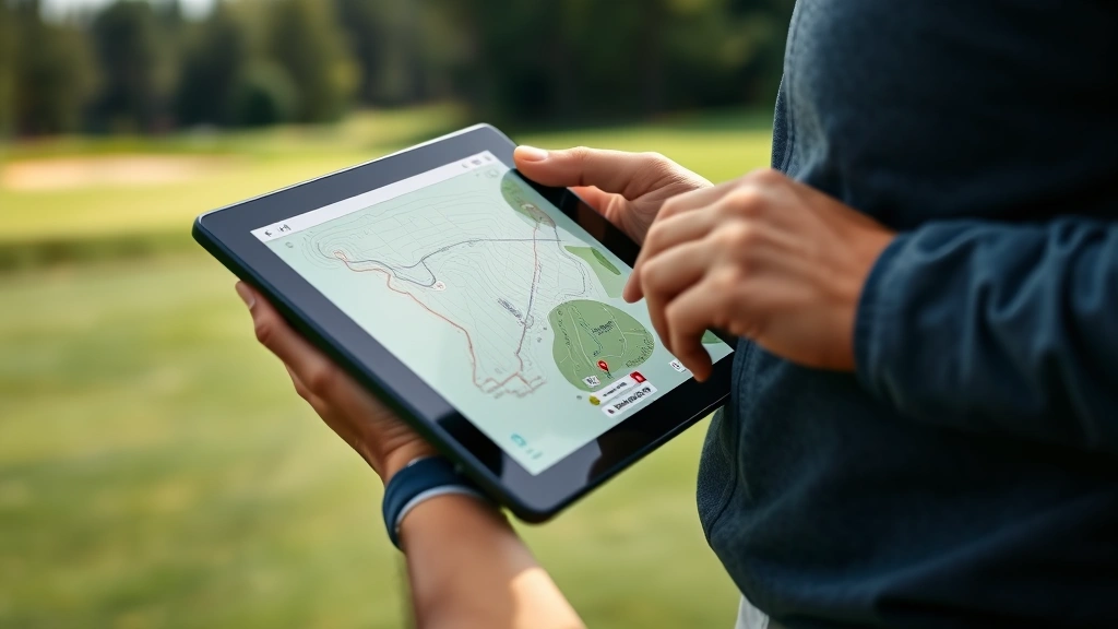 Close-up of a golfer reviewing a detailed course map on a tablet device while standing on a golf course tee box with the actual hole visible in background