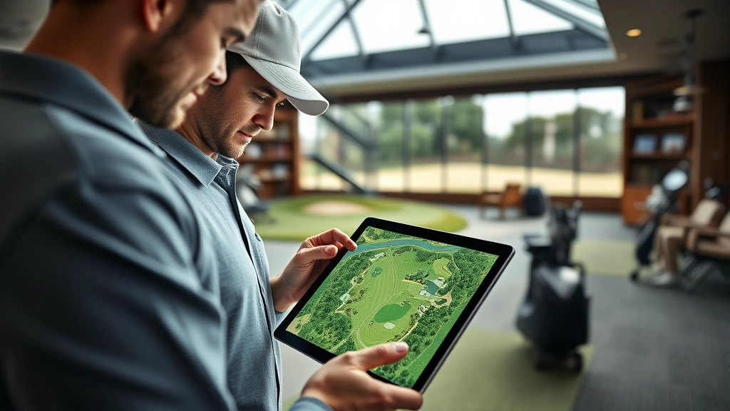 Professional golfer studying detailed aerial view of championship course layout on tablet in modern golf club learning center with natural lighting