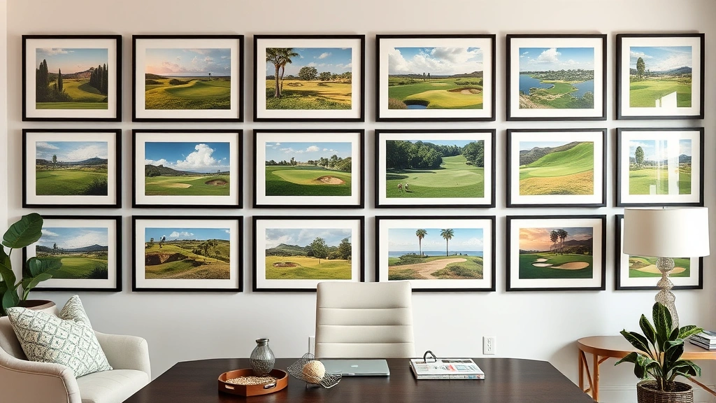 Framed collection of diverse golf course prints in contemporary home office showing various artistic styles and course perspectives on gallery wall