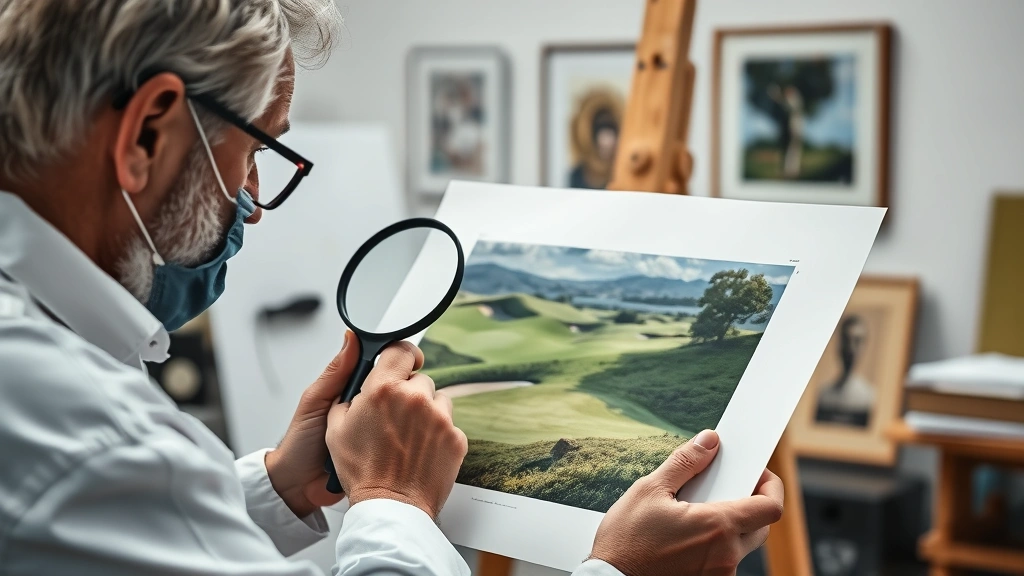 Art conservator carefully examining premium golf course print with magnifying glass, checking paper quality and archival materials in professional studio