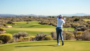Professional golfer mid-swing on manicured fairway with native coastal sage scrub vegetation, distant hills, clear blue sky, natural daylight