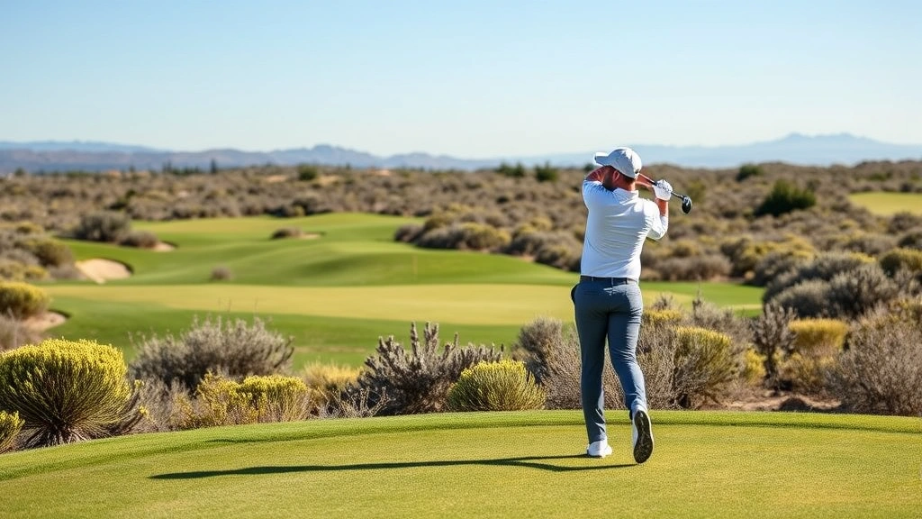 Professional golfer mid-swing on manicured fairway with native coastal sage scrub vegetation, distant hills, clear blue sky, natural daylight
