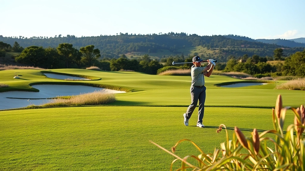 Golfer in follow-through position on scenic fairway with sand bunkers visible, native plants framing hole, morning or afternoon light, beautiful landscape