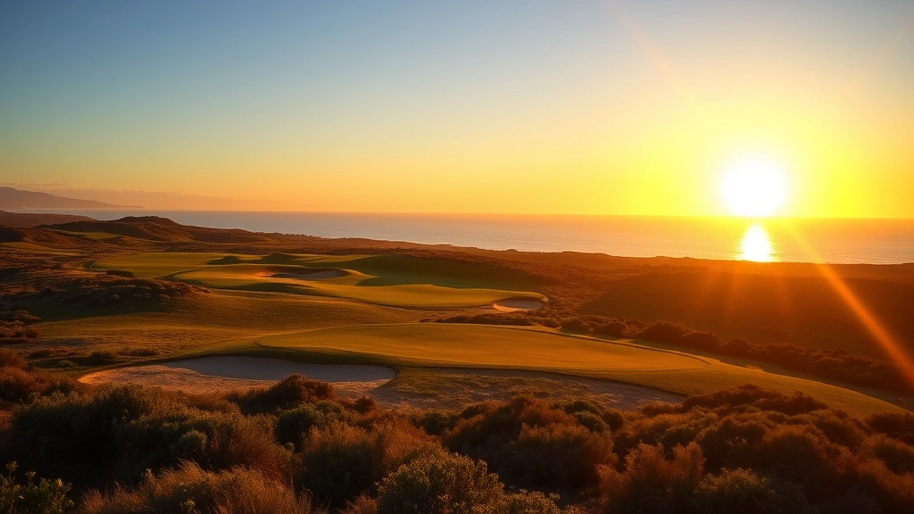 Golden hour sunset view across rolling golf course fairways with sand bunkers, native shrubland, ocean visible on distant horizon, warm evening light casting long shadows