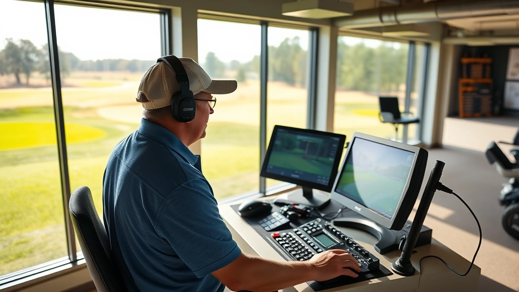 Professional golf course superintendent operating precision irrigation controls in modern clubhouse, wearing polo shirt, focused on weather monitoring equipment and soil moisture sensors, natural daylight streaming through windows showing green fairway in background