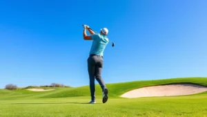 Professional golfer taking swing on manicured fairway with clear blue sky, sand bunkers visible in background, lush green grass in natural daylight