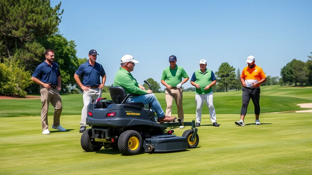 Diverse team of golf course maintenance staff working together on fairway with modern GPS-guided equipment, riding mower with green grass, clear blue sky, professional uniforms, collaborative atmosphere showing skill and dedication