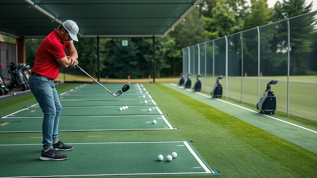 Golfer at driving range practicing with multiple golf balls lined up, distance markers visible, practicing good golf swing form with concentration