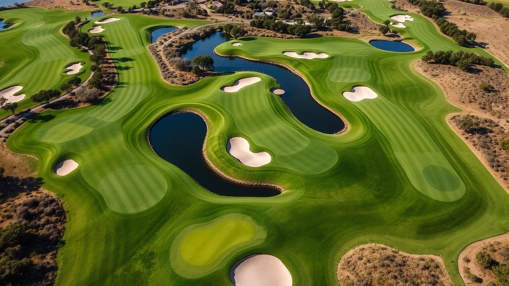 Aerial view of beautifully manicured championship golf course showing multiple holes with pristine fairways, sand bunkers, water features, and native landscaping areas, demonstrating environmental stewardship and course conditioning excellence