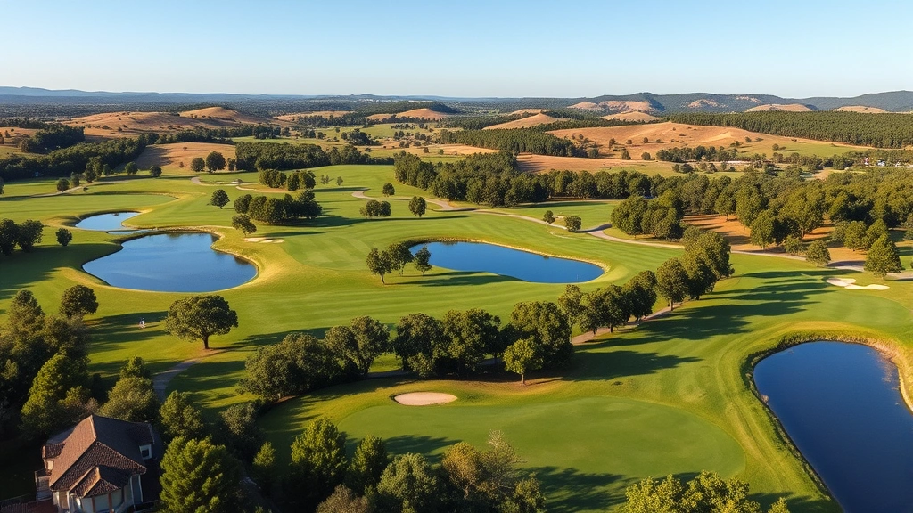 Panoramic view of scenic 18-hole golf course with water hazard, tree-lined fairways, well-maintained greens, rolling terrain in natural landscape