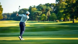 Professional golfer mid-swing on a lush fairway with manicured greens and trees in background, natural daylight, realistic photographic quality