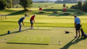 Golfers practicing on a well-maintained driving range with multiple tiers of target greens, lush fairways in background, morning sunlight creating long shadows, peaceful learning environment