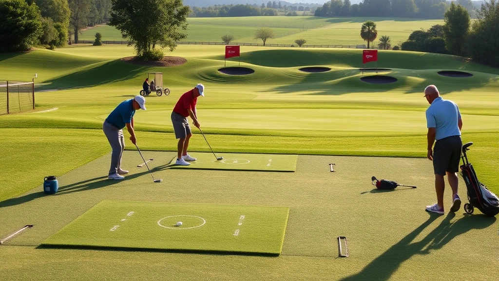 Golfers practicing on a well-maintained driving range with multiple tiers of target greens, lush fairways in background, morning sunlight creating long shadows, peaceful learning environment