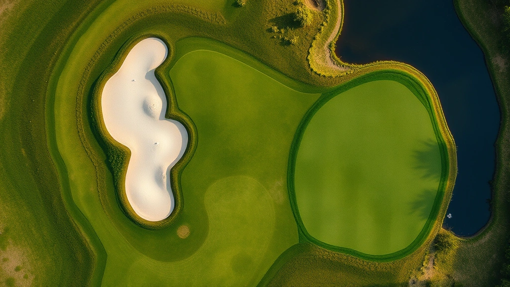 Aerial view of golf course hole with sand bunkers, water hazard, and green, showing strategic layout and design elements from above