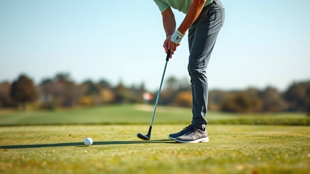 Golfer on putting green studying slope contours, concentrating on short game, with blurred course background, realistic golf instruction scene