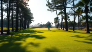 Photorealistic wide-angle view of manicured fairway lined with mature pine trees and native palmettos, golfer in background approaching green, Florida wetlands visible, morning sunlight casting shadows across grass