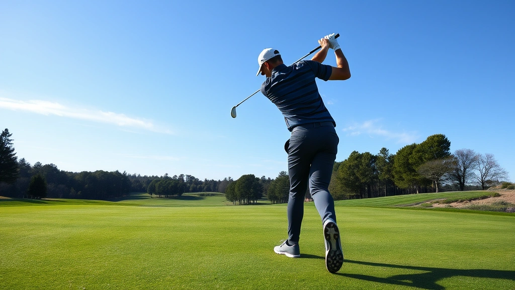 Professional golfer executing perfect fairway shot on manicured golf course with distant trees and blue sky, showing athletic form and concentration