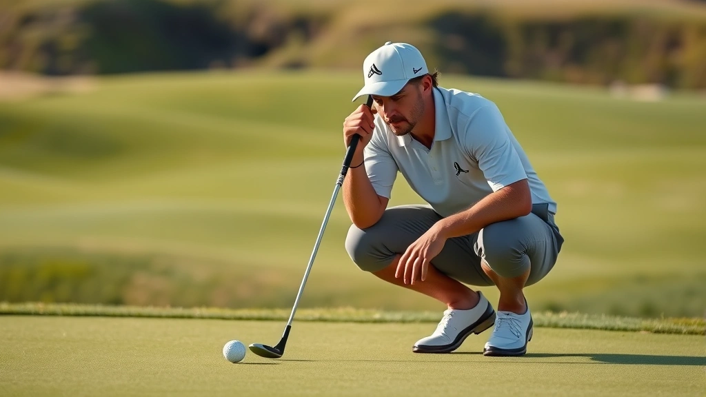 Golfer reading putting surface with crouched stance, analyzing green break with focused expression, natural lighting on undulating putting green