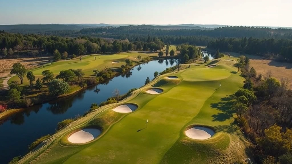 Aerial view of scenic golf hole with strategic bunker placement, water hazard, and elevated green surrounded by natural landscape and trees