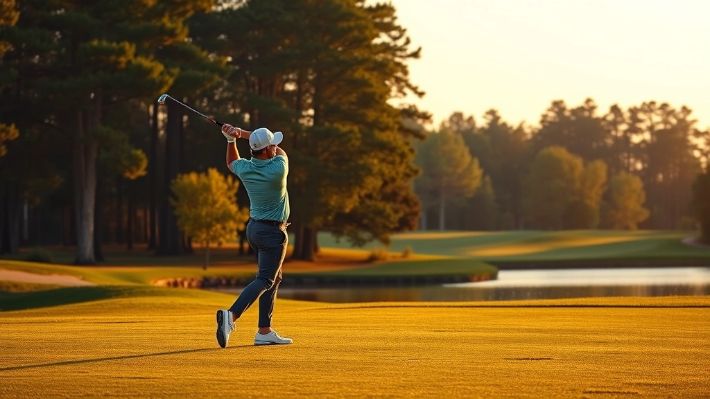Professional golfer mid-swing on well-maintained fairway with natural water hazard and mature trees in background, golden hour lighting, realistic golf course landscape