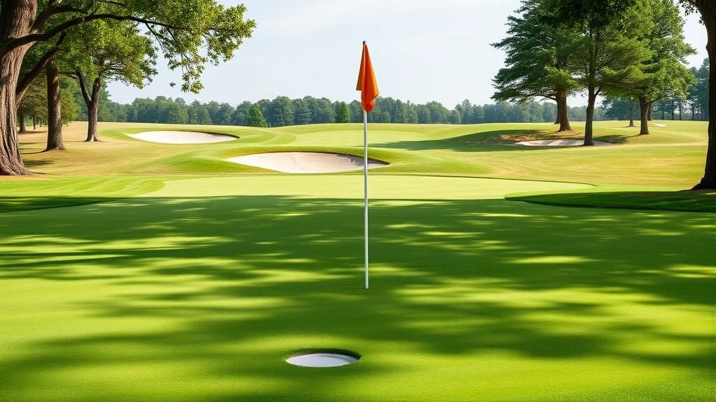 Pristine putting green with varied slopes and bunkers visible beyond, manicured grass and flagstick, natural outdoor setting with trees framing the hole