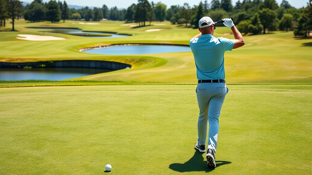 Professional golfer executing perfect swing at pristine golf course with manicured fairway and blue water hazard in background, natural daylight