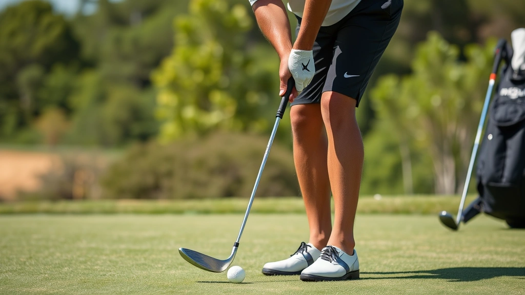 Professional golfer demonstrating proper golf grip and stance position on practice range with golf balls and clubs visible, outdoor daylight setting