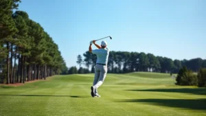 A golfer mid-swing on a fairway with manicured grass, trees lining the course, blue sky, natural lighting, showing the elegance of classic golf course design with no visible text or signage