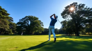 A golfer in mid-swing on a lush fairway with mature trees framing the shot, morning sunlight creating soft shadows, grass in pristine condition, clear blue sky