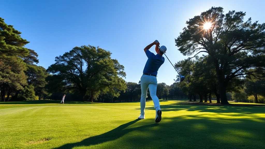 A golfer in mid-swing on a lush fairway with mature trees framing the shot, morning sunlight creating soft shadows, grass in pristine condition, clear blue sky