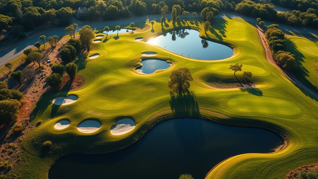 Golfer in professional stance on manicured fairway with bunkers and trees, morning sunlight creating shadows on green grass, realistic photography, no people faces visible, focus on course conditions