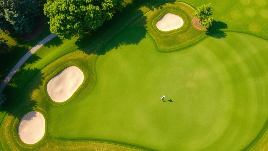 Aerial view of golf course hole with undulating fairway, sand bunkers, water hazard reflecting sky, mature trees framing hole, professional landscape photography, clear daylight
