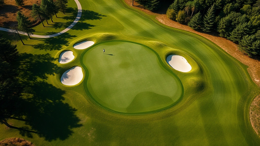 Wide aerial view of a championship golf course hole with strategic bunkers, green putting surface, fairway leading to tee box, surrounding trees, natural landscape, professional course conditions visible