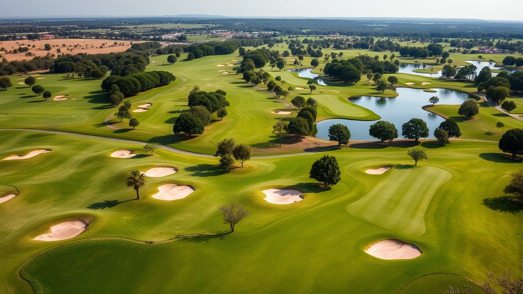 Wide view of an 18-hole golf course landscape showing multiple fairways, sand bunkers, and water features with undulating greens, trees dotting the property, peaceful natural setting