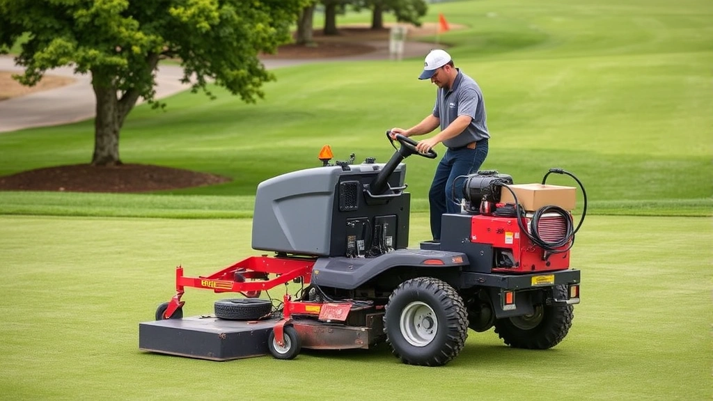 Professional golf course groundskeeper operating maintenance equipment on a green, demonstrating turf management expertise and facility operations