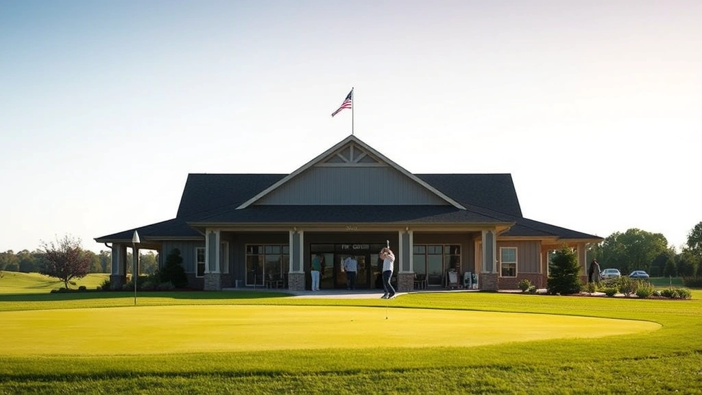 Golf course clubhouse exterior with pro shop entrance, putting green in foreground, golfers practicing, well-maintained landscape, welcoming atmosphere, realistic architectural photography, no visible signage with text