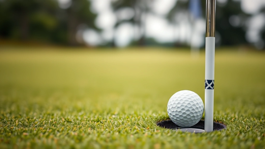Close-up of a putting green with golf ball near the hole, perfectly manicured grass surface, golf flag in background, professional course maintenance visible, soft focus background
