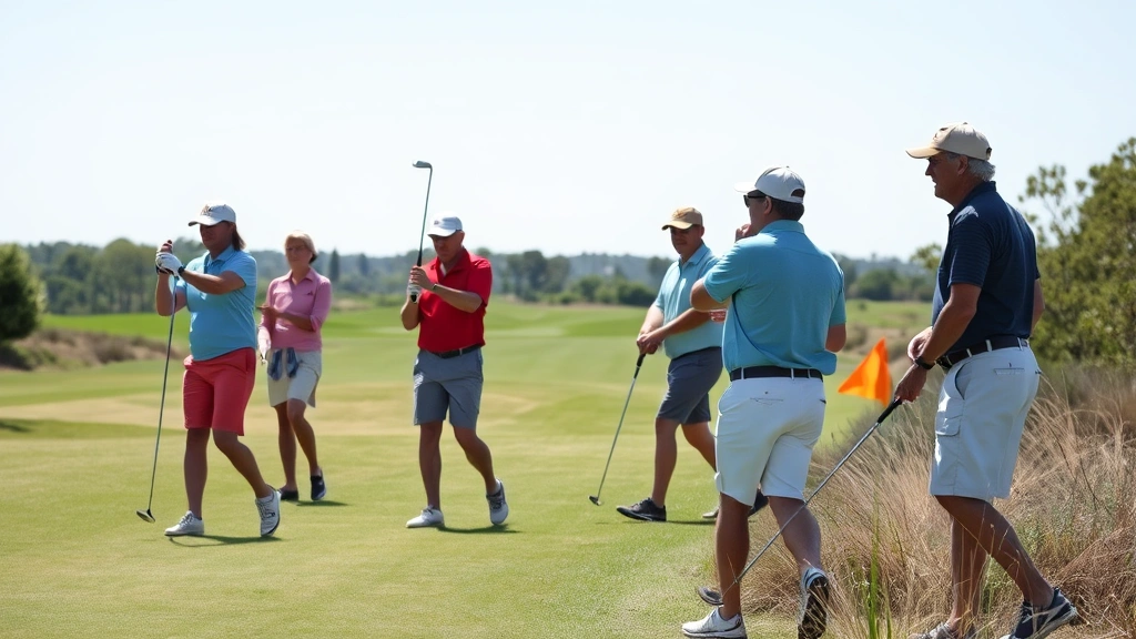 Group of diverse golfers of varying ages enjoying a round of golf on a scenic fairway, with natural habitat and native plantings visible along the course boundaries