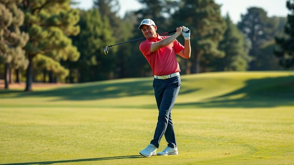 Professional golfer demonstrating perfect golf swing stance and posture on lush fairway with golf clubs visible, natural sunlight, confident expression