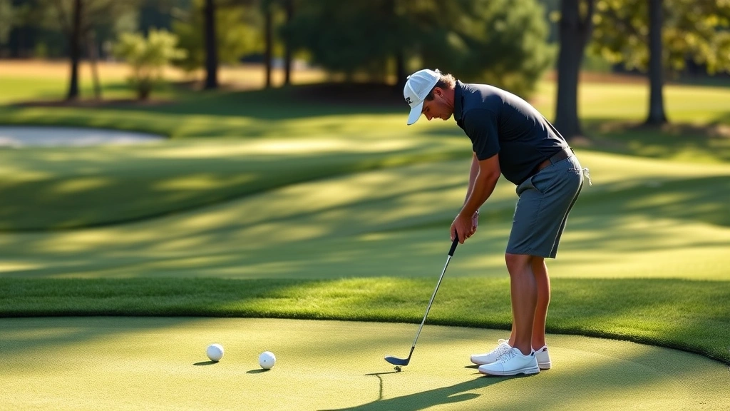 Golfer practicing chip shots near green with multiple golf balls on manicured practice area, focused concentration, morning light, natural course setting